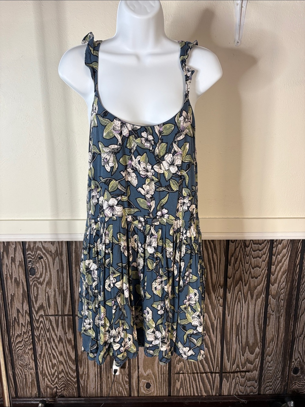 Free People Floral Ruffle Strap Tank Dress in Slate Blue and White